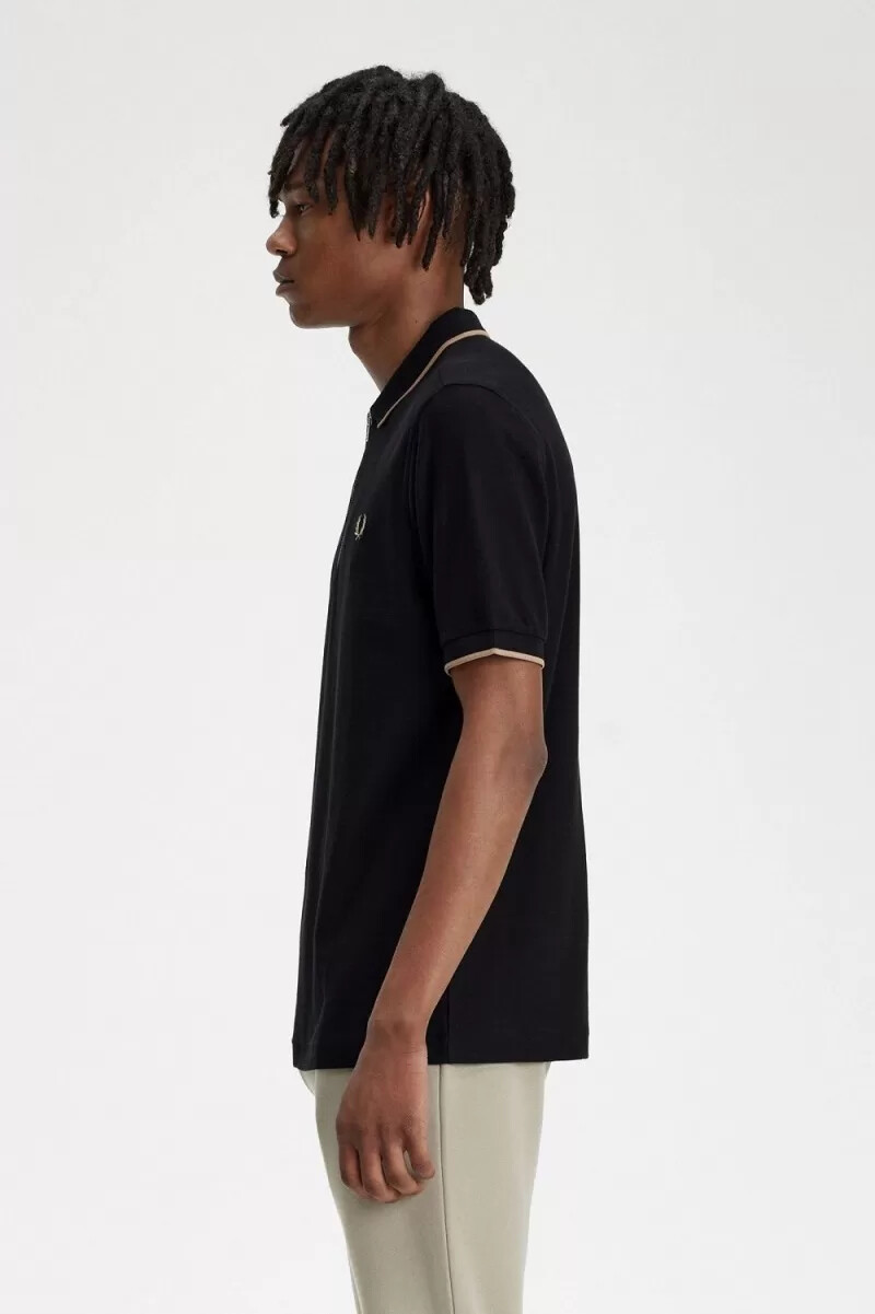 fred perry crepe pique zip neck mens polo shirt black
