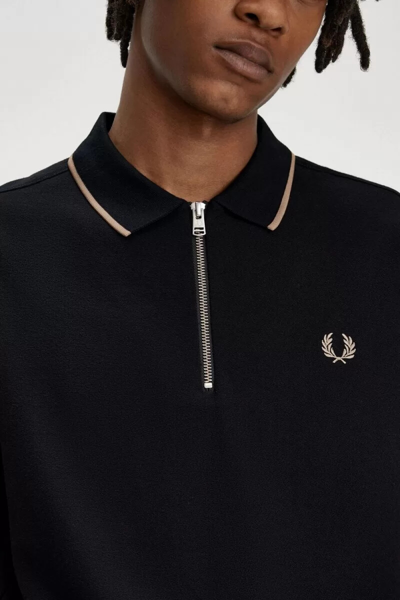 fred perry crepe pique zip neck mens polo shirt black