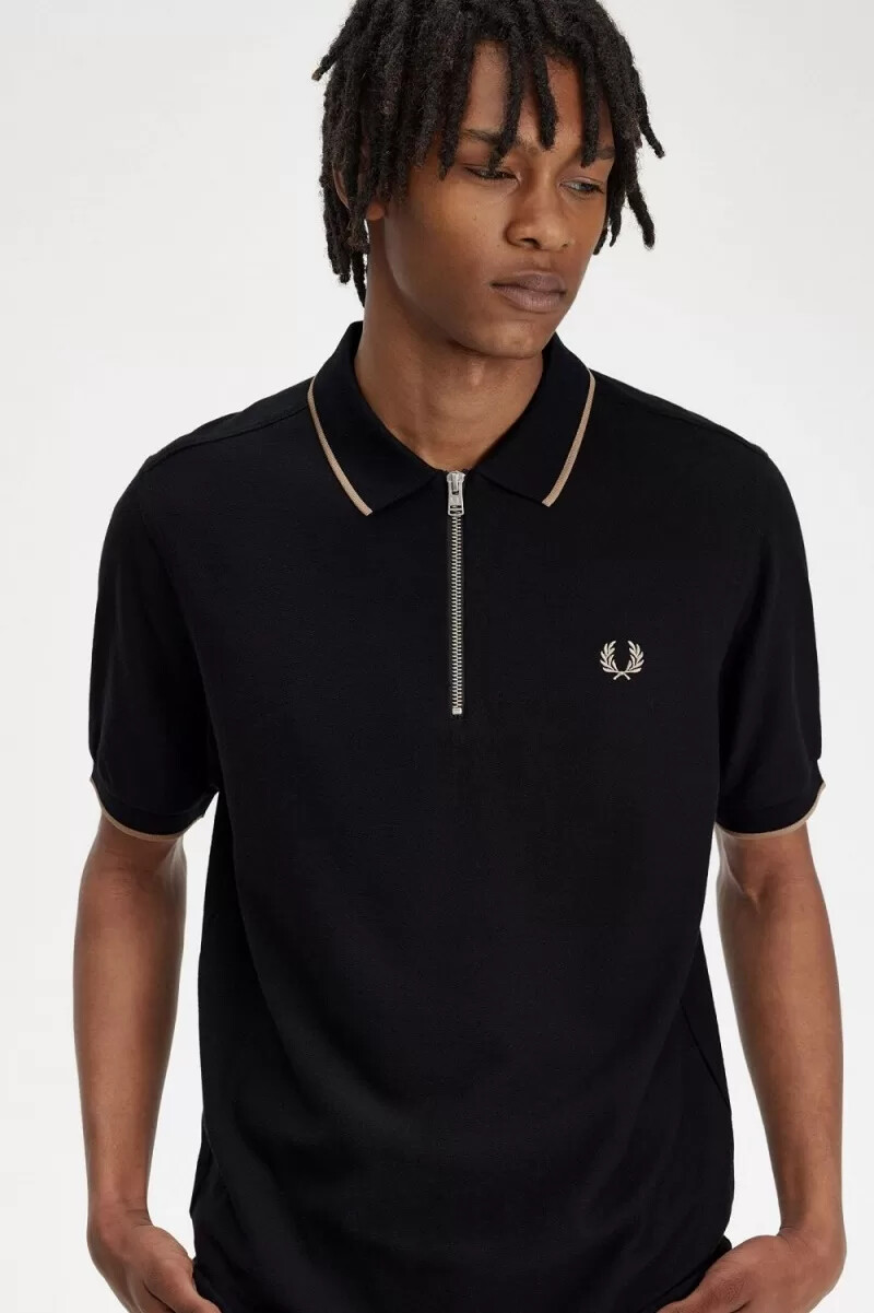 fred perry crepe pique zip neck mens polo shirt black