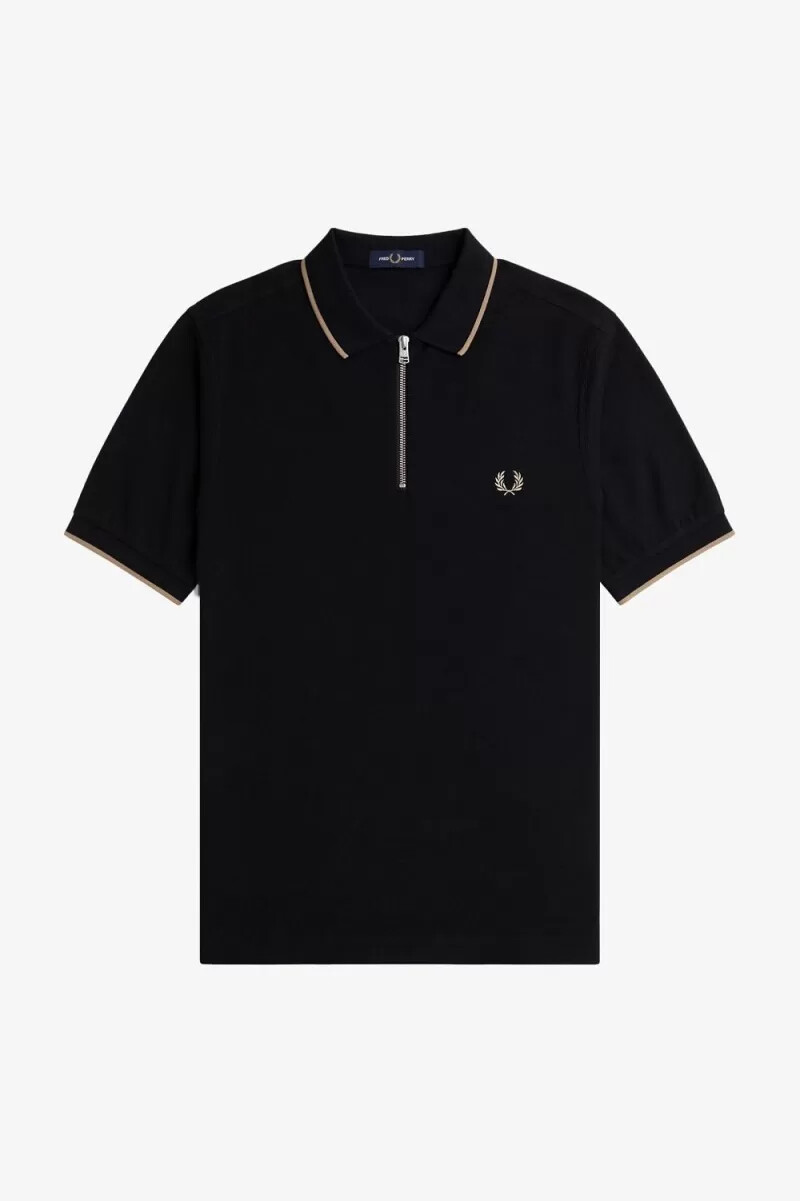 fred perry crepe pique zip neck mens polo shirt black
