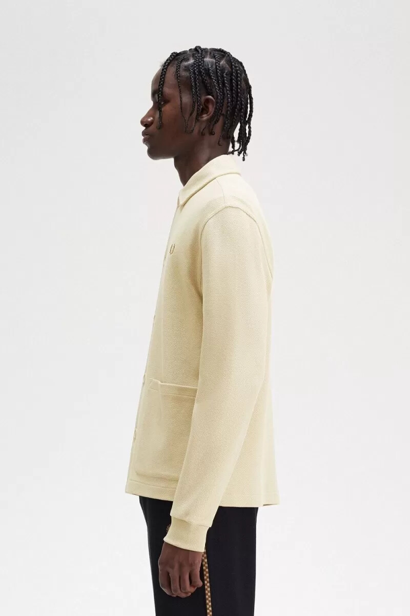 fred perry button through long sleeve mens polo shirt oatmeal