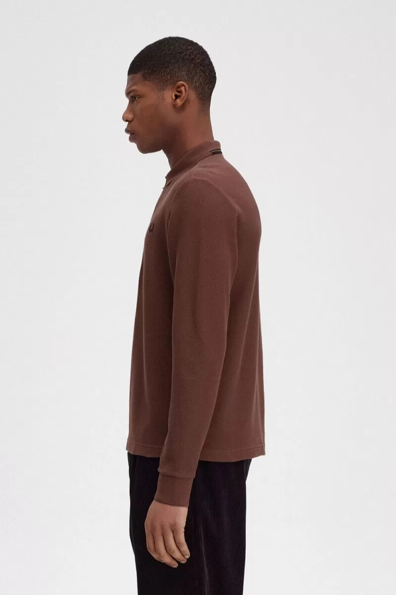 fred perry honeycomb cotton long sleeve mens polo shirt whisky brown