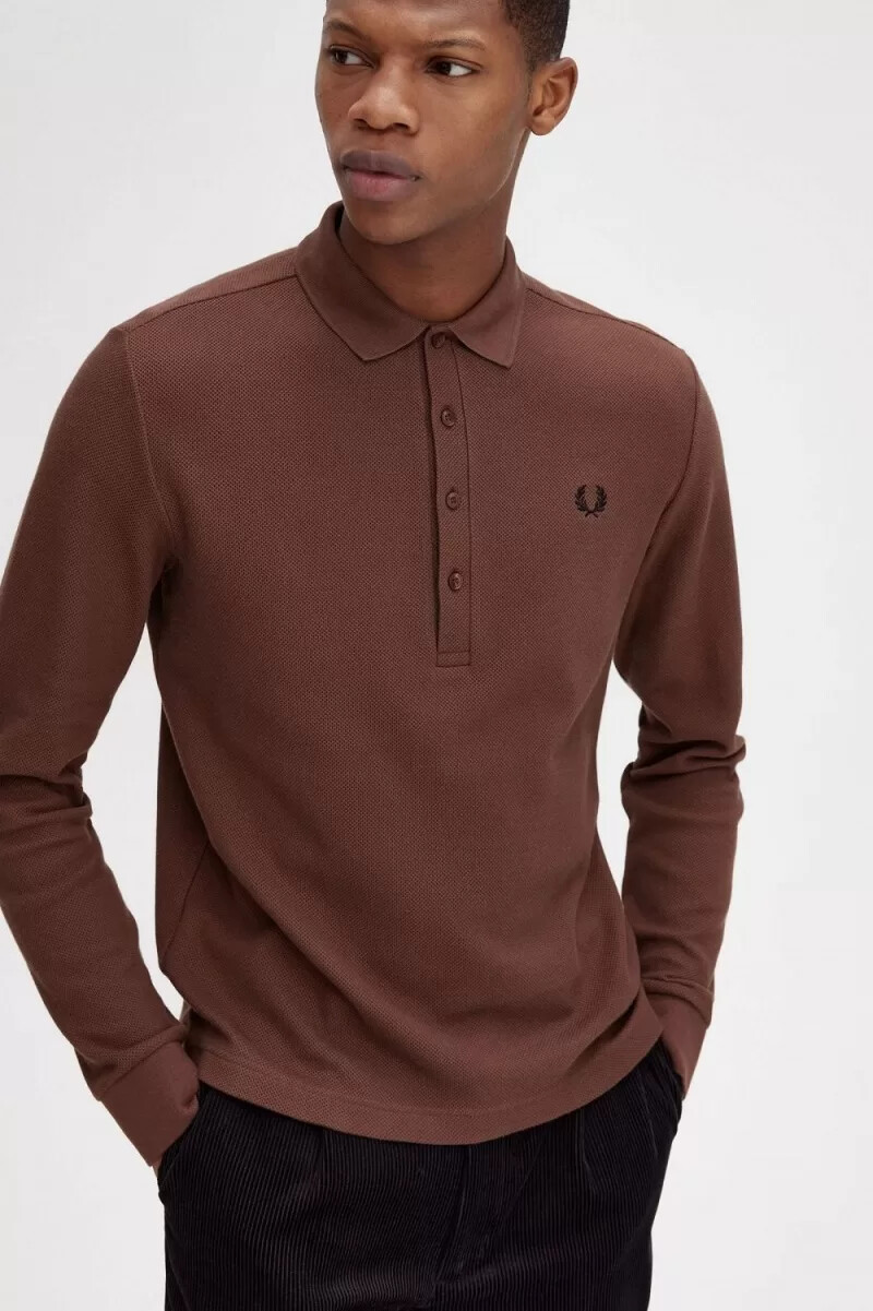 fred perry honeycomb cotton long sleeve mens polo shirt whisky brown
