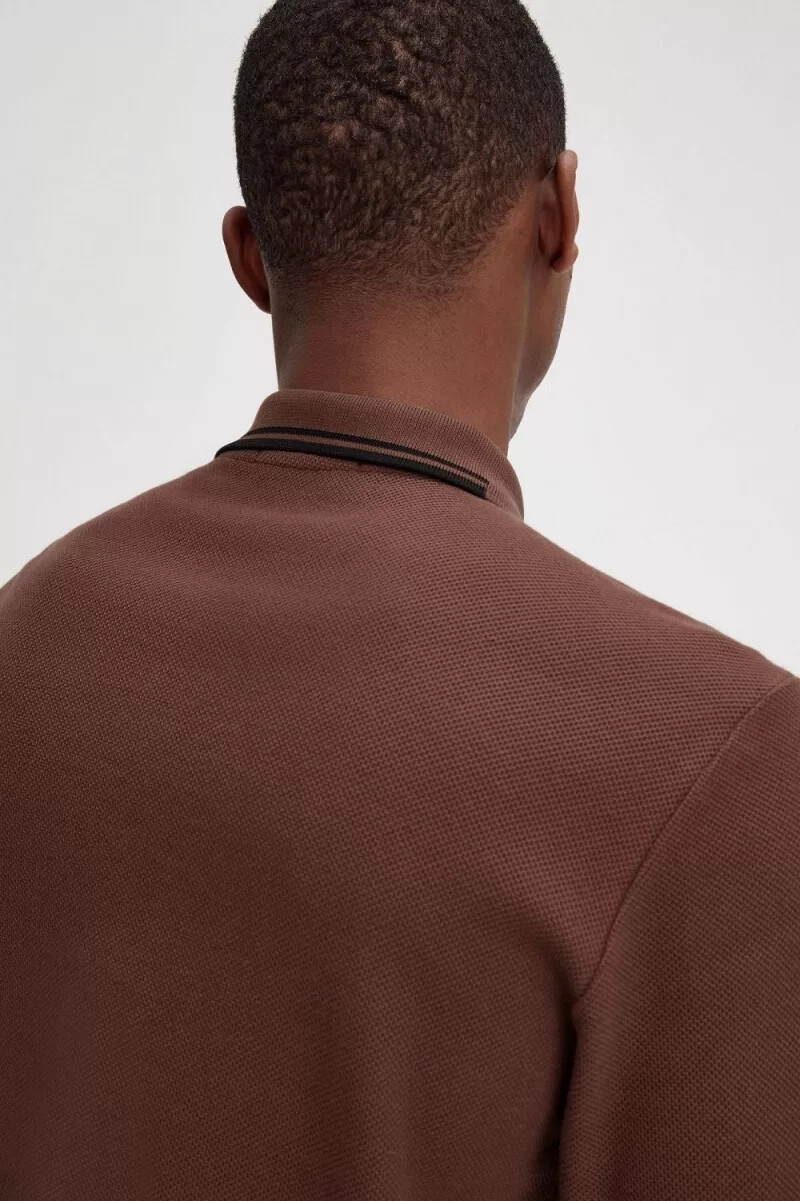 fred perry honeycomb cotton long sleeve mens polo shirt whisky brown