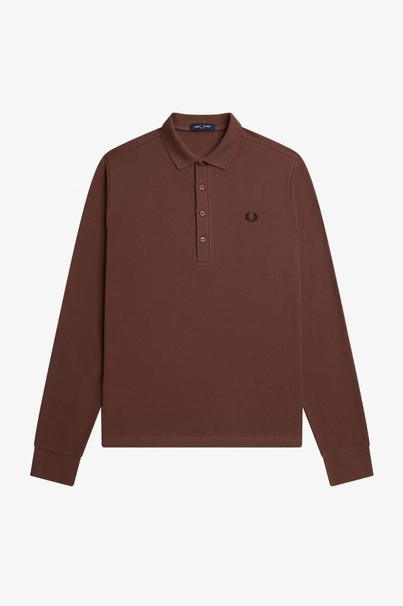 fred perry honeycomb cotton long sleeve mens polo shirt whisky brown