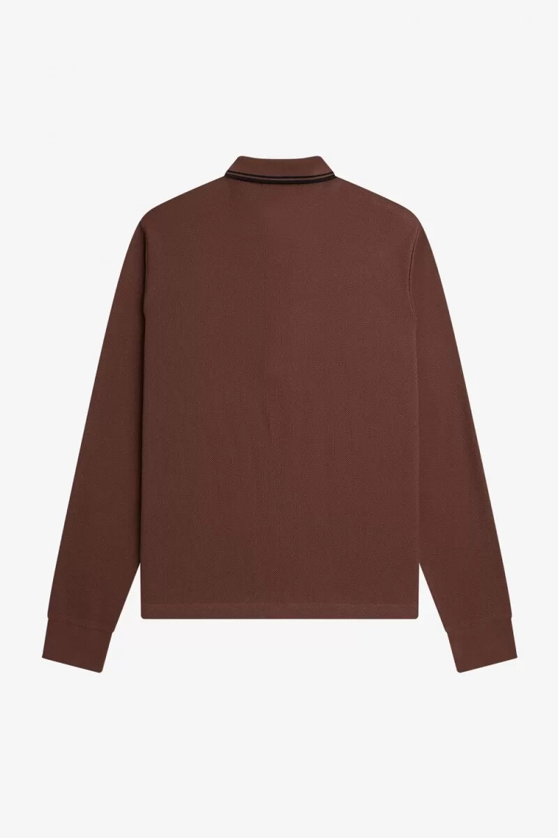 fred perry honeycomb cotton long sleeve mens polo shirt whisky brown