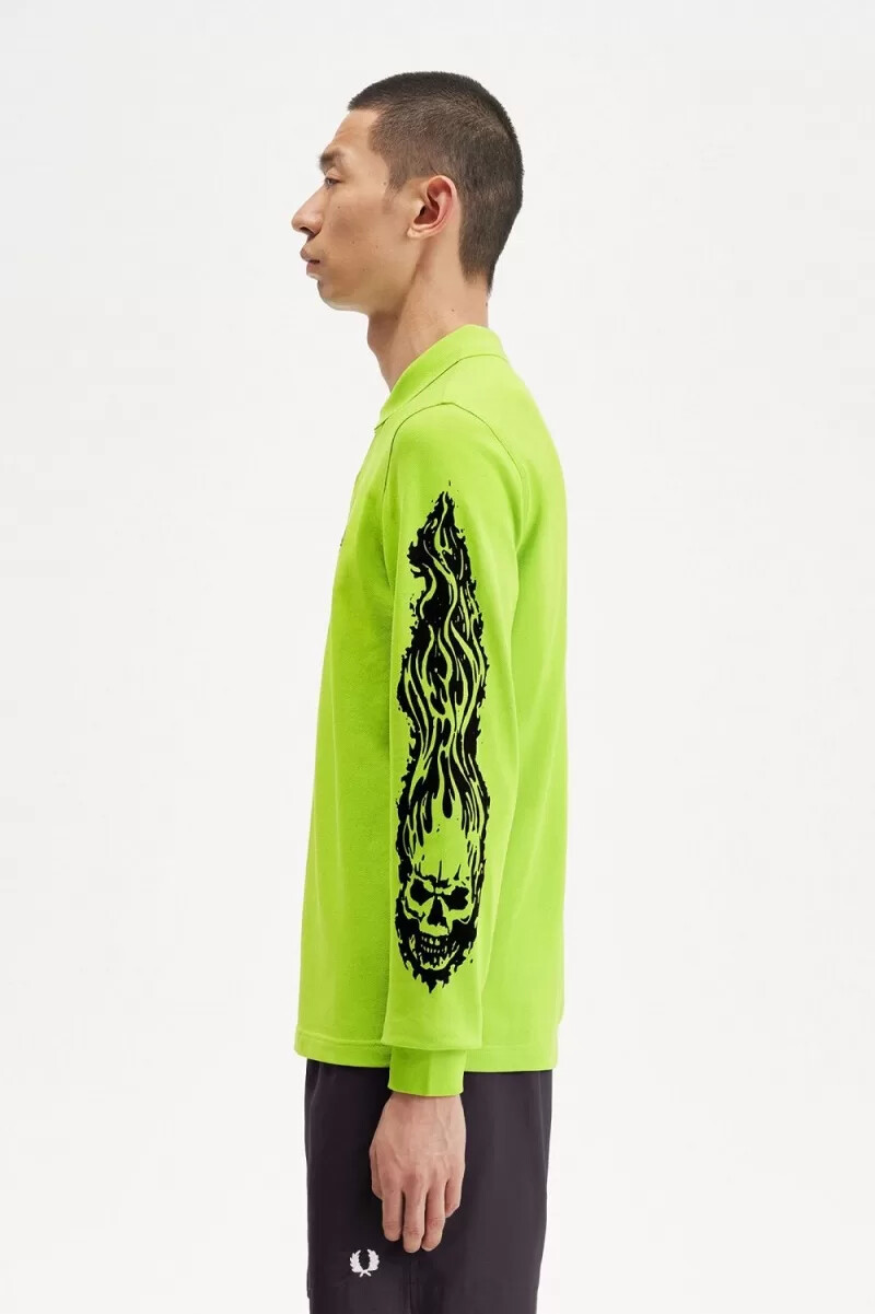 fred perry noongoons long sleeve graphic mens polo shirt lime green
