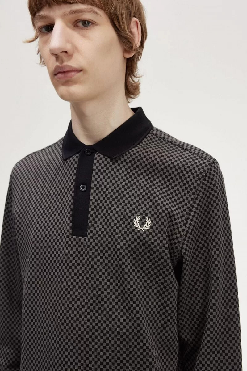 fred perry micro chequerboard mens polo shirt black field green