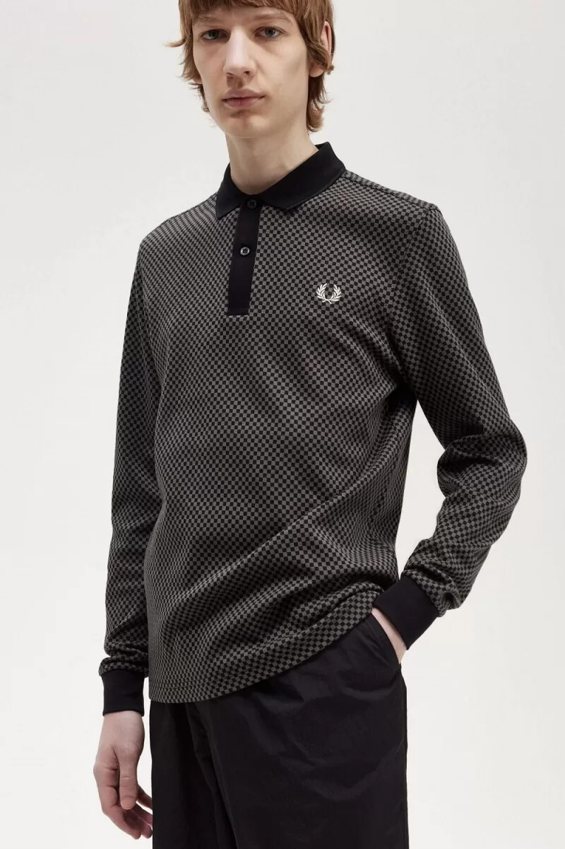 fred perry micro chequerboard mens polo shirt black field green