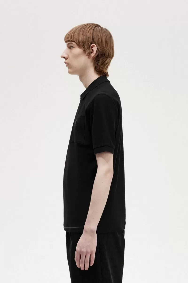 fred perry textured zip neck mens polo shirt black