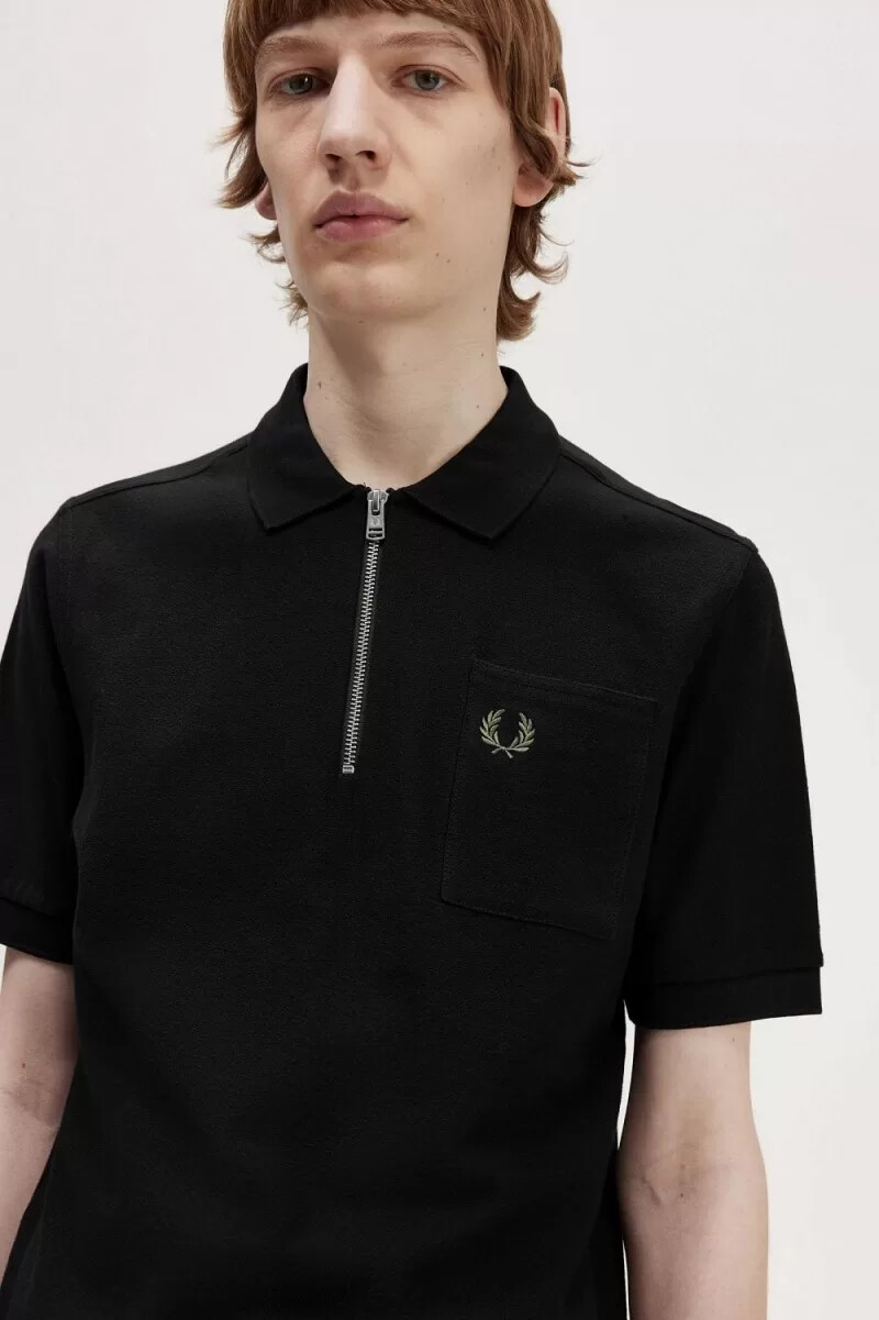fred perry textured zip neck mens polo shirt black