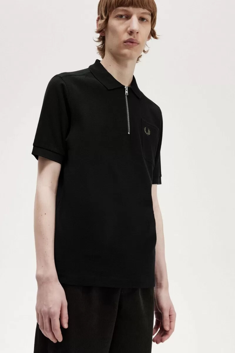 fred perry textured zip neck mens polo shirt black