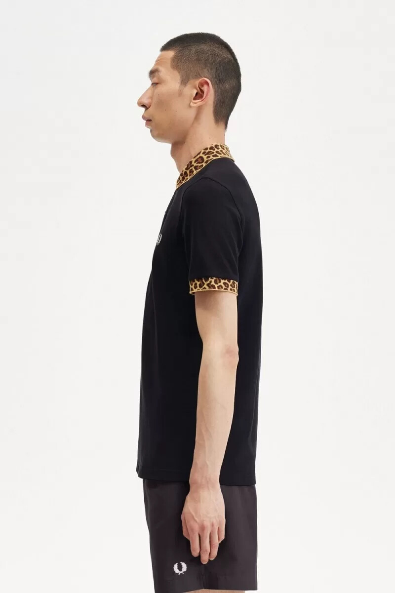 fred perry noongoons leopard print mens polo shirt black