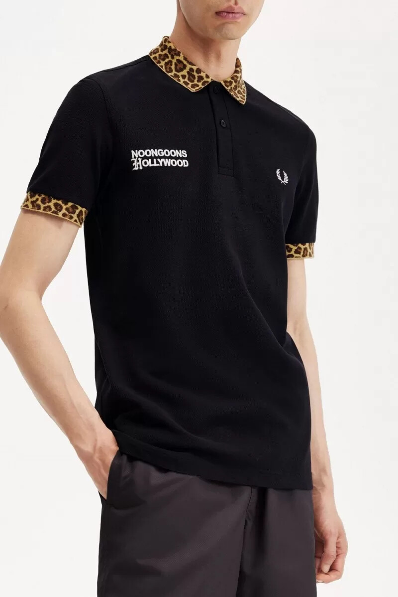 fred perry noongoons leopard print mens polo shirt black