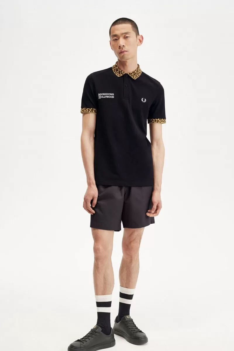 fred perry noongoons leopard print mens polo shirt black