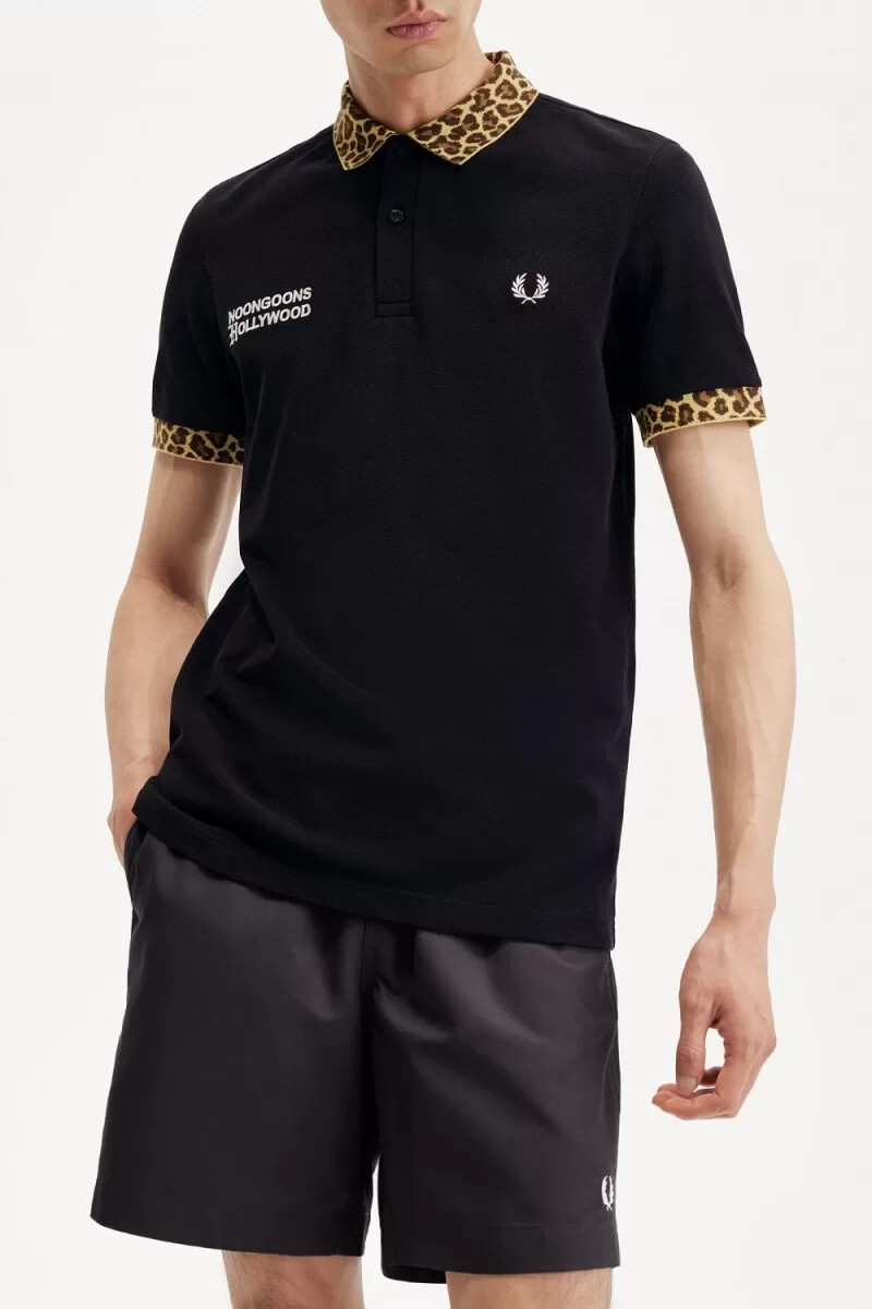 fred perry noongoons leopard print mens polo shirt black