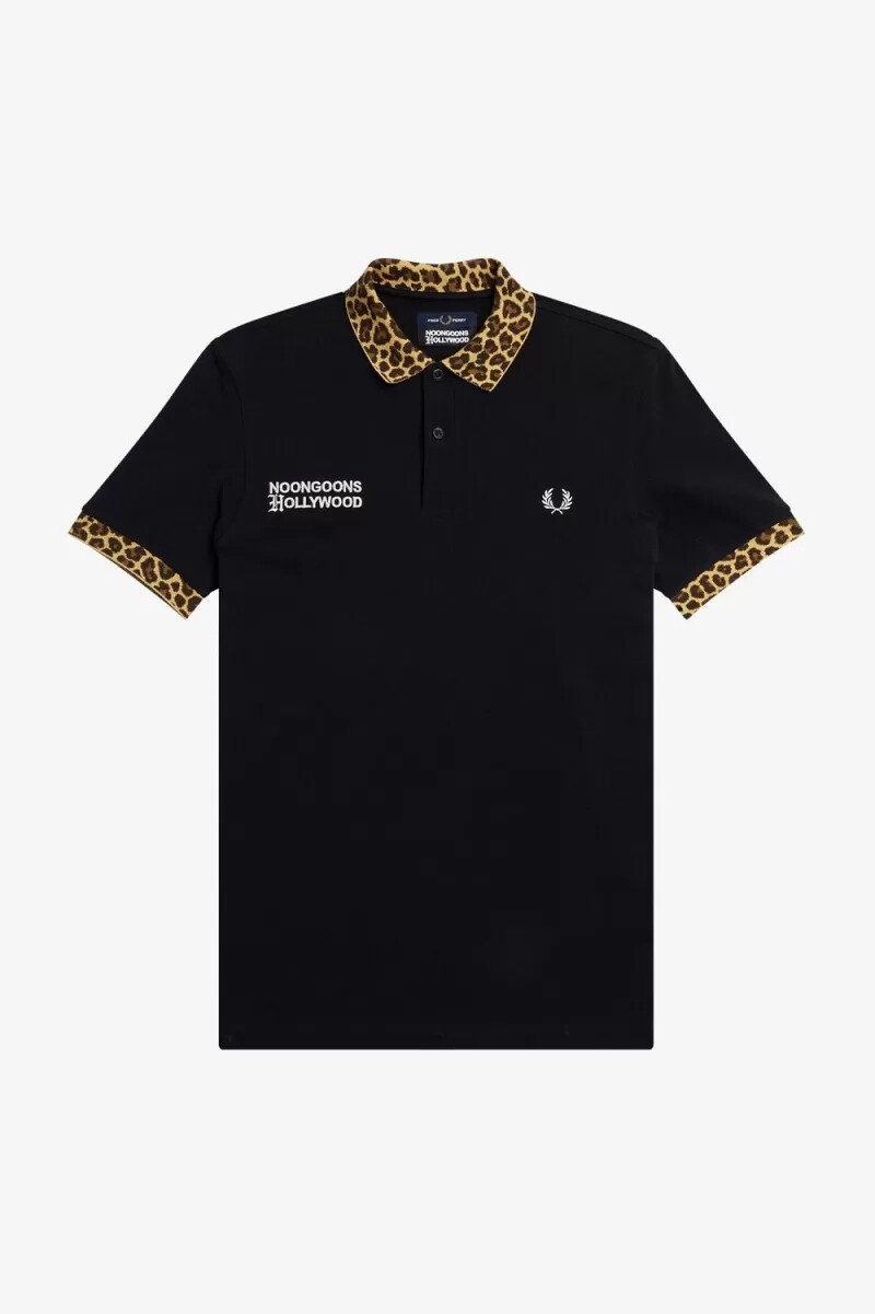 fred perry noongoons leopard print mens polo shirt black