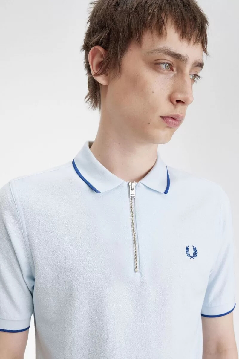 fred perry crepe pique zip neck mens polo shirt light aqua