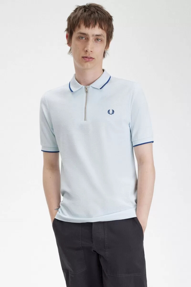 fred perry crepe pique zip neck mens polo shirt light aqua