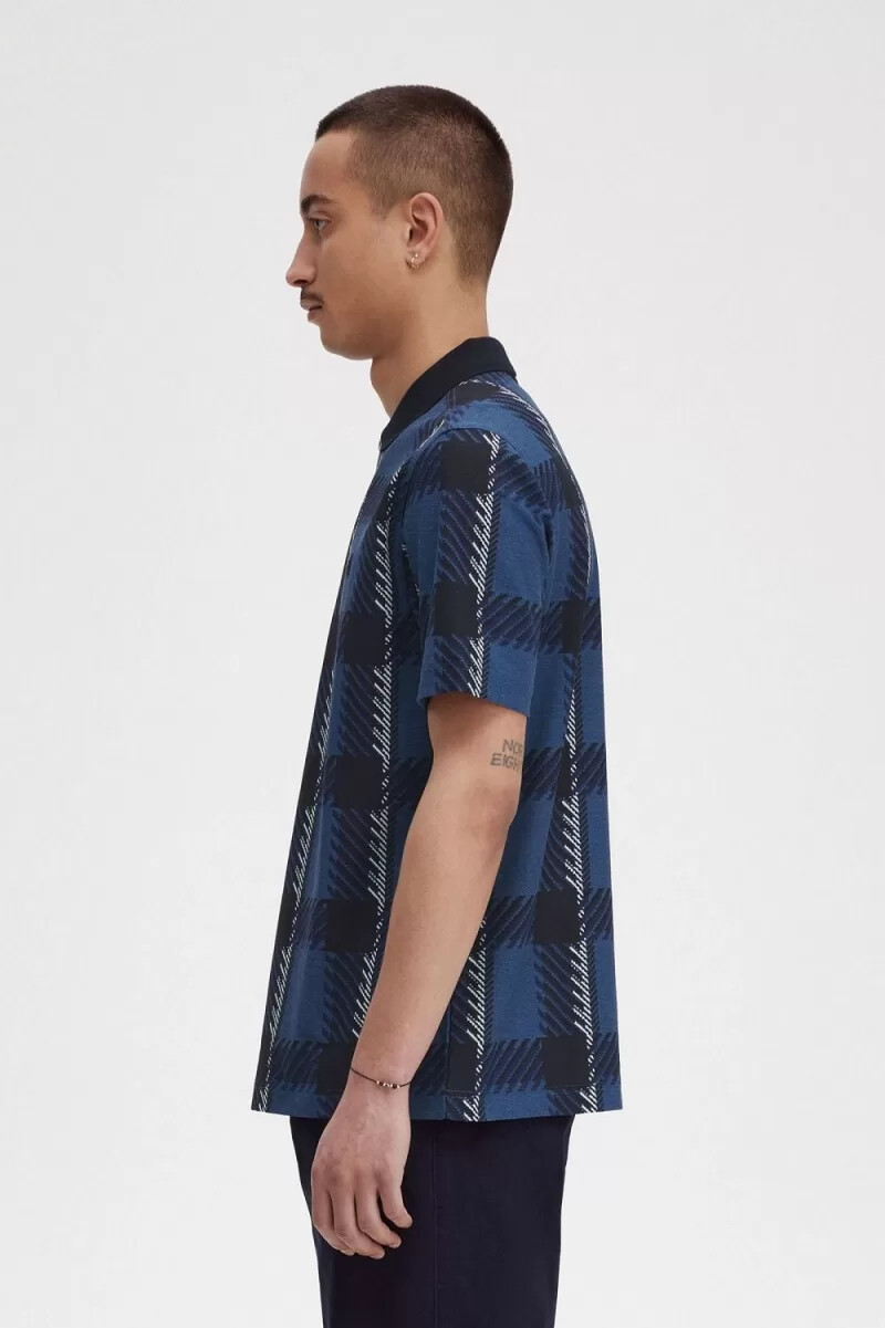 fred perry glitch tartan zip neck mens polo shirt midnight blue
