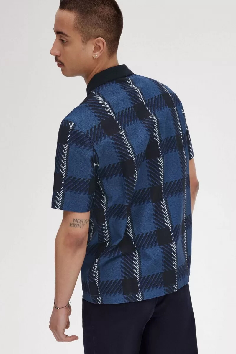 fred perry glitch tartan zip neck mens polo shirt midnight blue