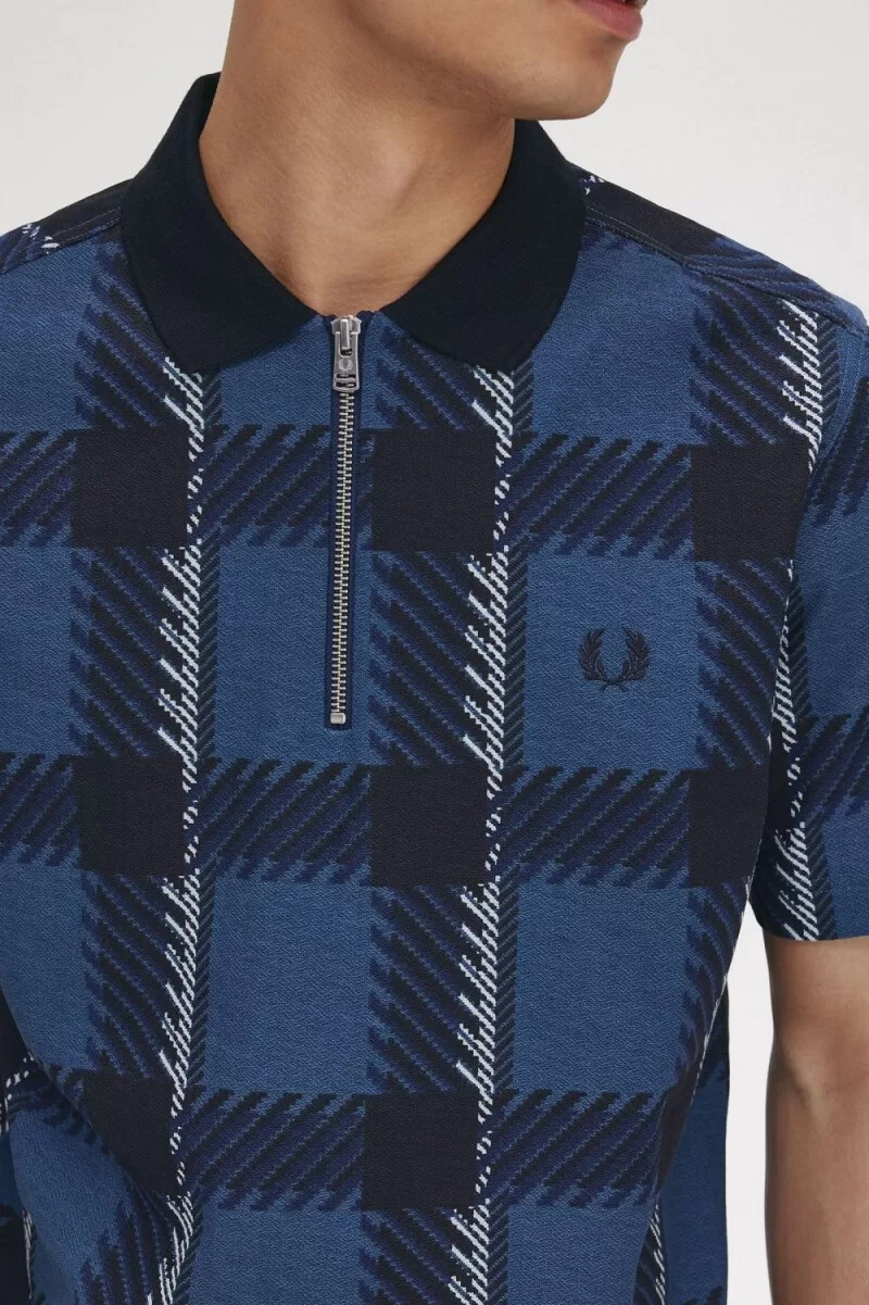 fred perry glitch tartan zip neck mens polo shirt midnight blue