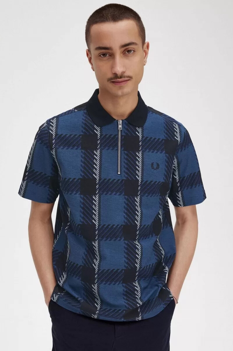 fred perry glitch tartan zip neck mens polo shirt midnight blue