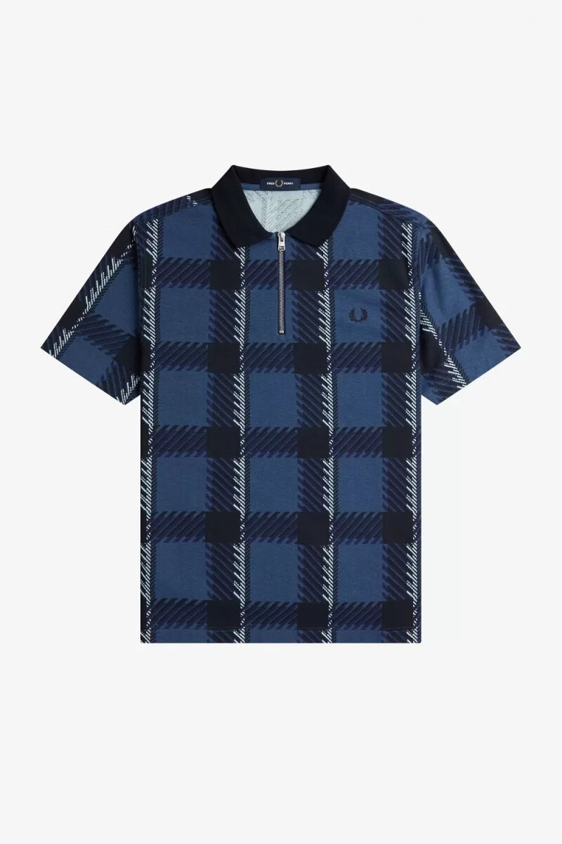 fred perry glitch tartan zip neck mens polo shirt midnight blue