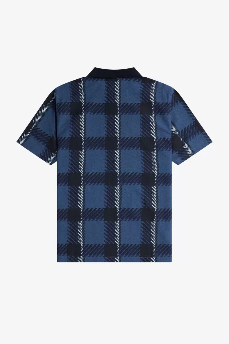 fred perry glitch tartan zip neck mens polo shirt midnight blue