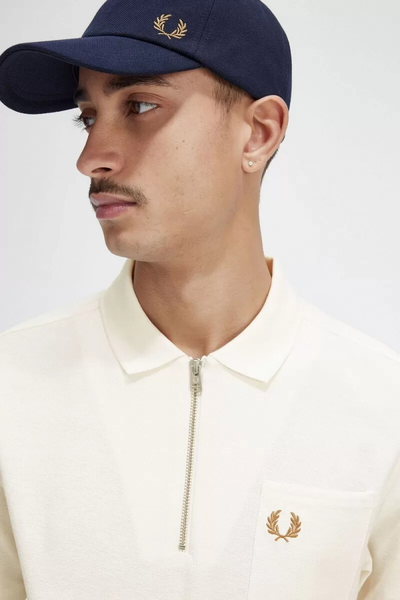fred perry textured zip neck mens polo shirt beige