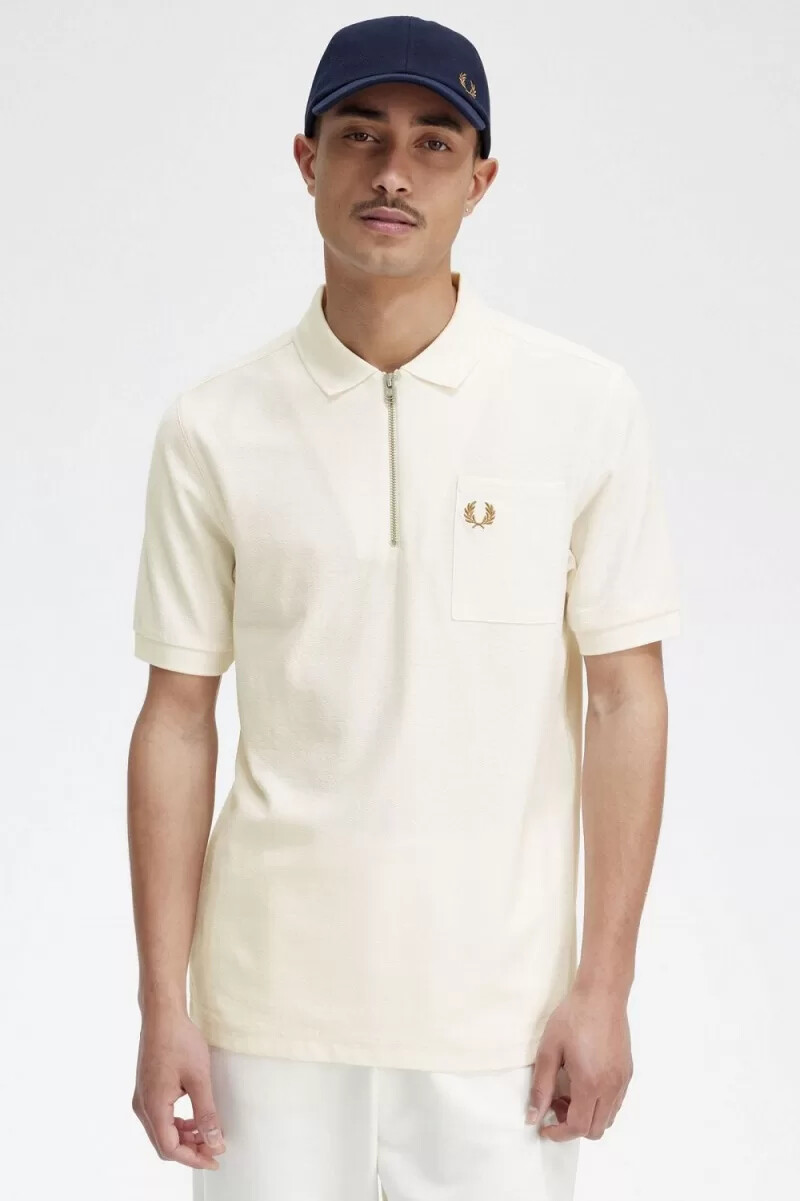 fred perry textured zip neck mens polo shirt beige
