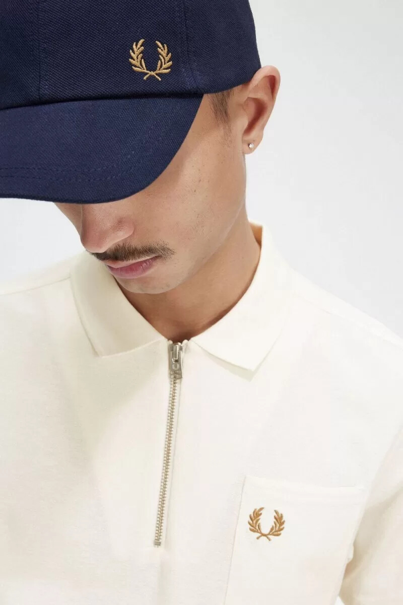 fred perry textured zip neck mens polo shirt beige