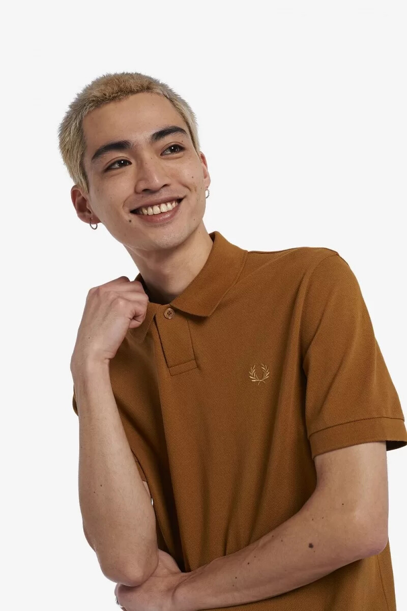 fred perry one button mens polo shirt dark coffee