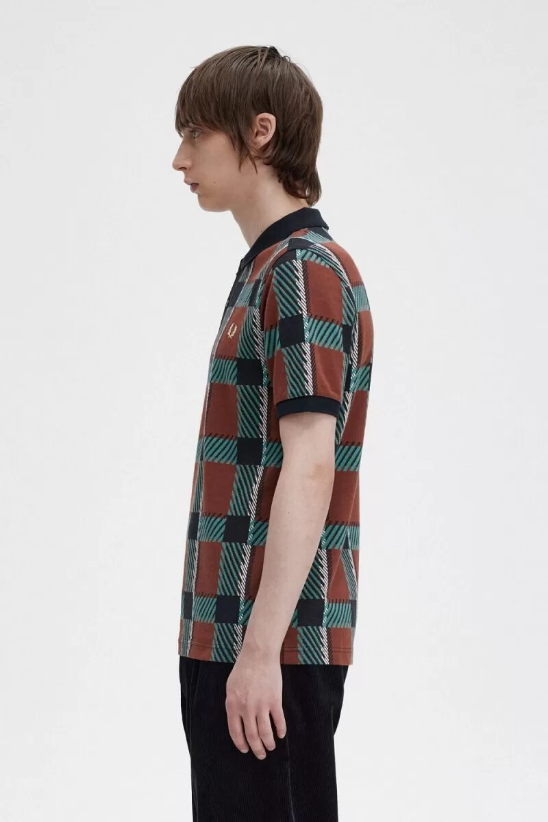 fred perry glitch tartan mens polo shirt whisky brown