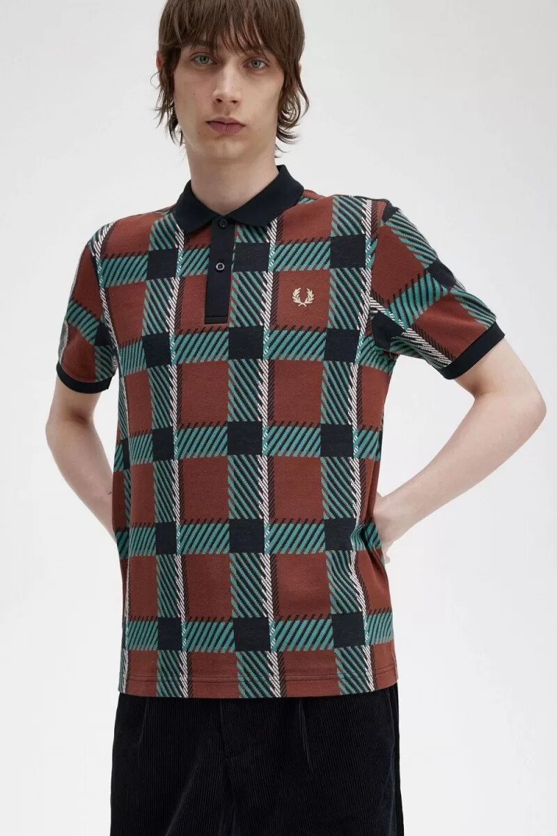 fred perry glitch tartan mens polo shirt whisky brown