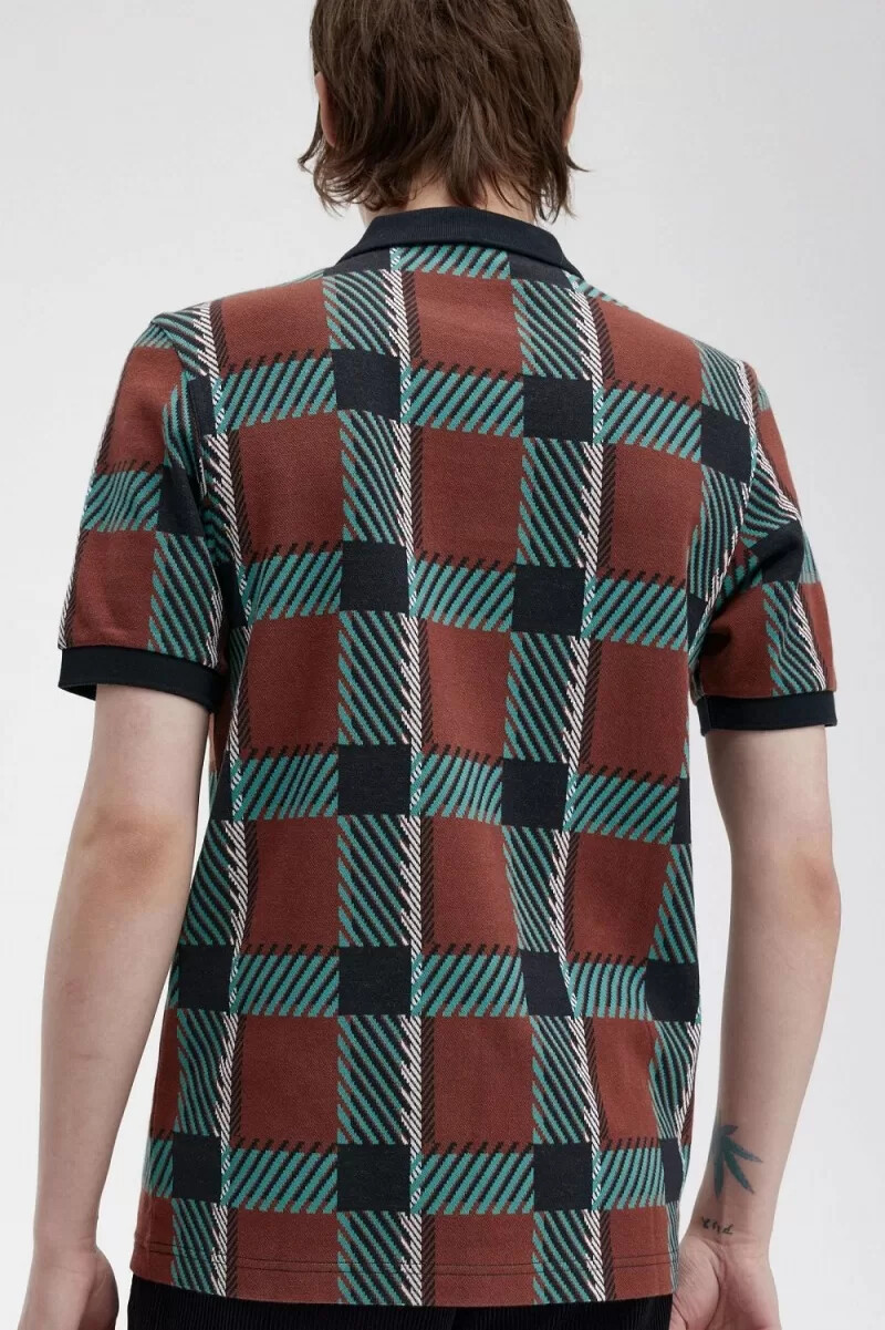 fred perry glitch tartan mens polo shirt whisky brown