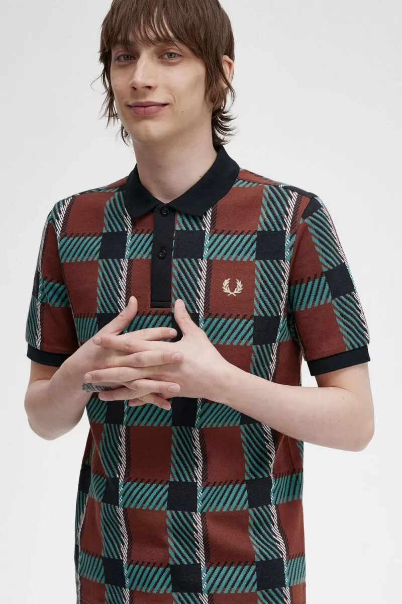 fred perry glitch tartan mens polo shirt whisky brown