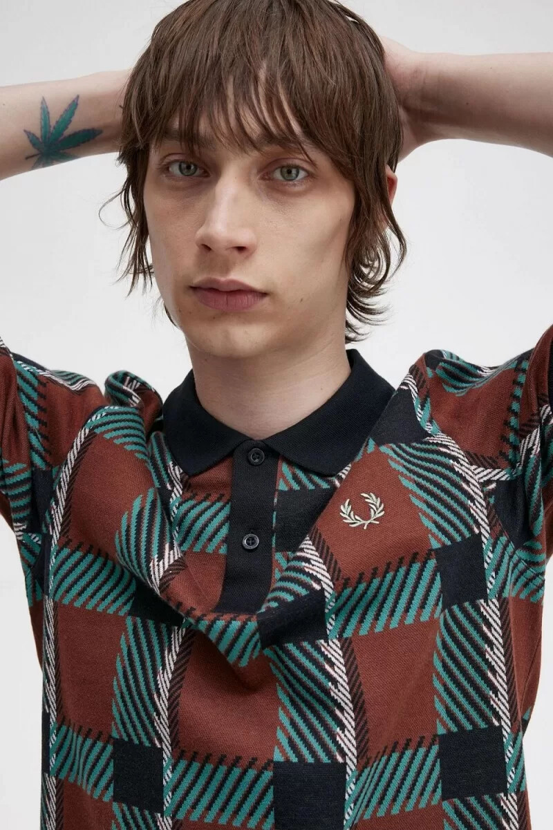 fred perry glitch tartan mens polo shirt whisky brown