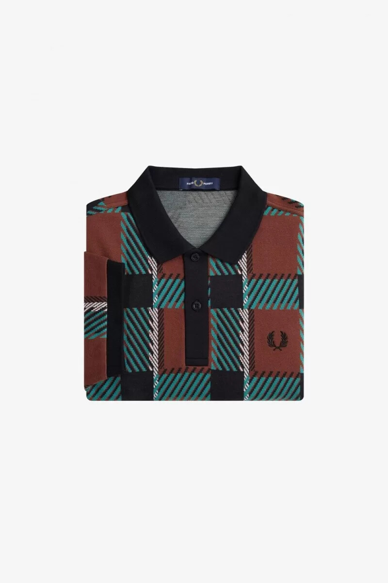 fred perry glitch tartan mens polo shirt whisky brown