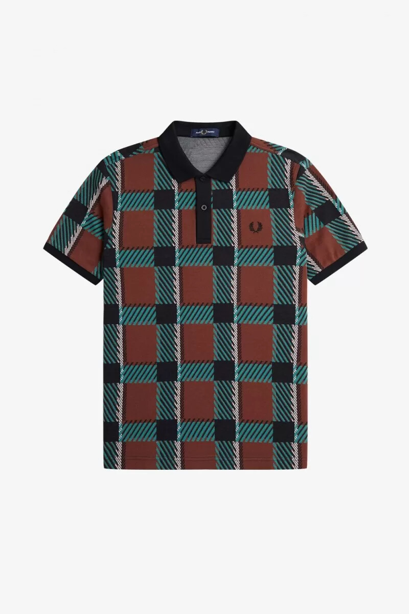 fred perry glitch tartan mens polo shirt whisky brown