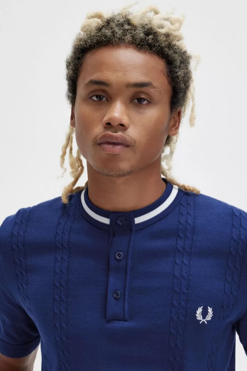 fred perry cable knit henley mens shirt french navy