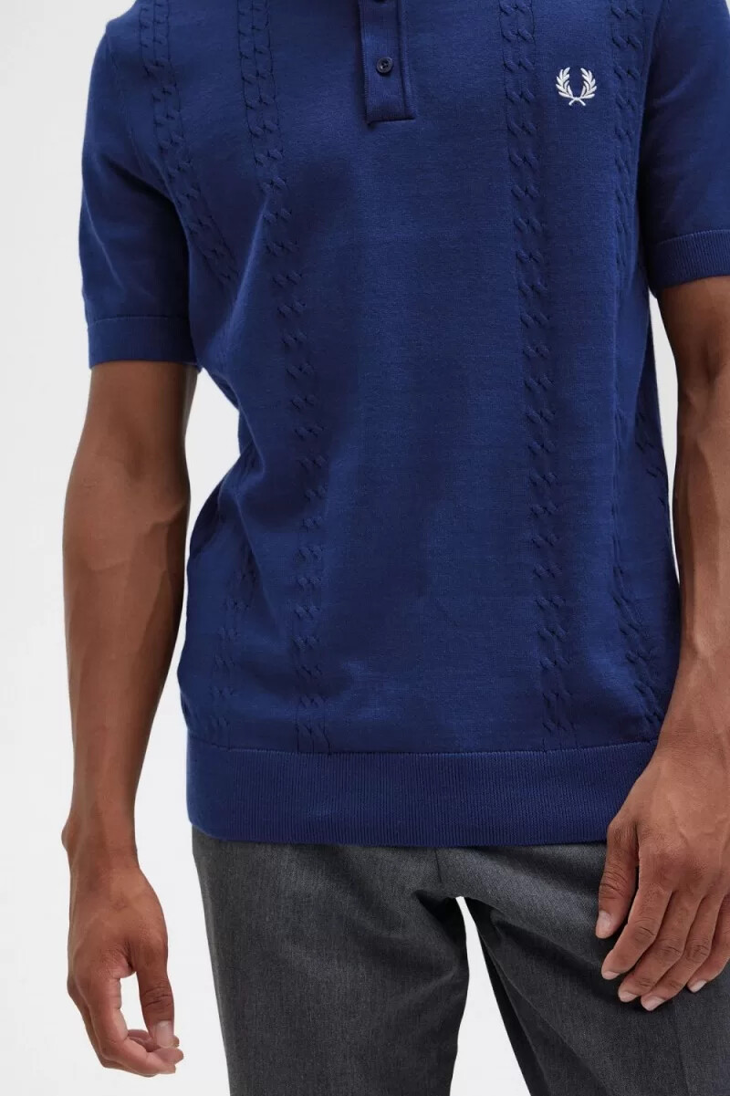 fred perry cable knit henley mens shirt french navy