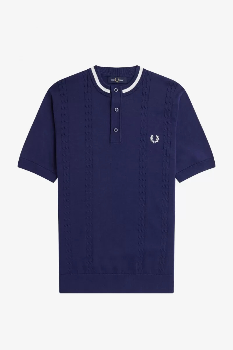 fred perry cable knit henley mens shirt french navy
