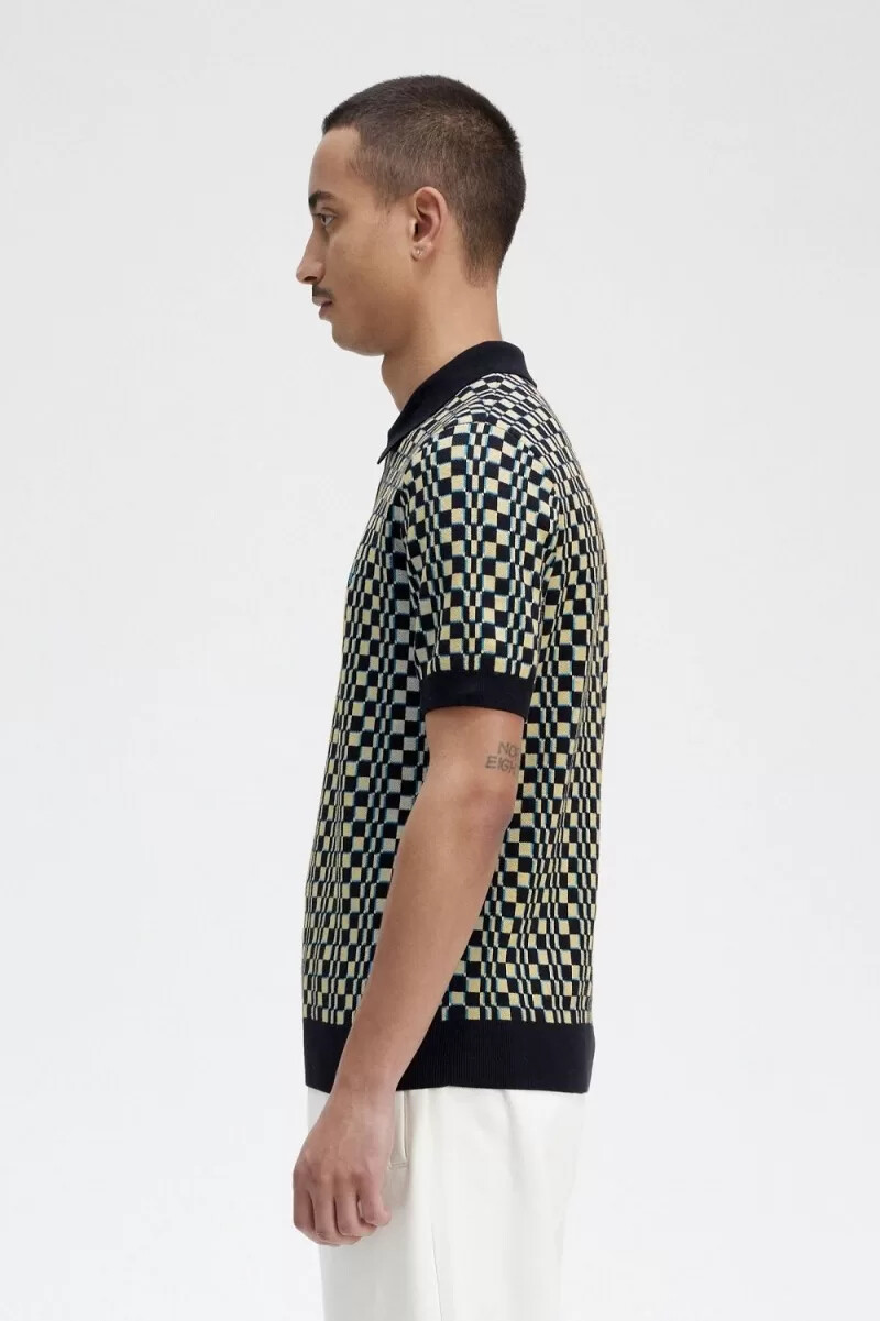fred perry glitch chequerboard knitted mens shirt light mint black