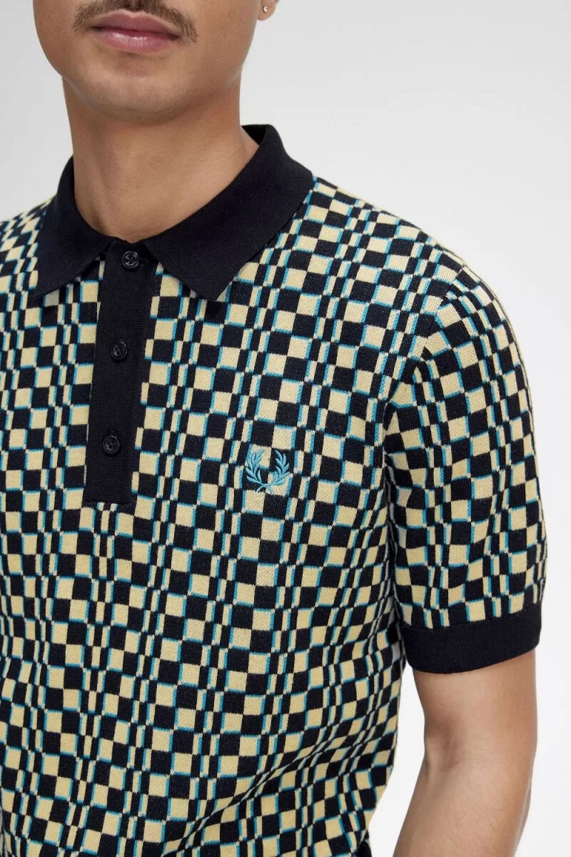fred perry glitch chequerboard knitted mens shirt light mint black