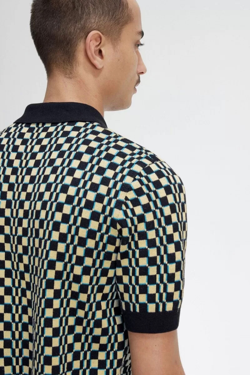 fred perry glitch chequerboard knitted mens shirt light mint black