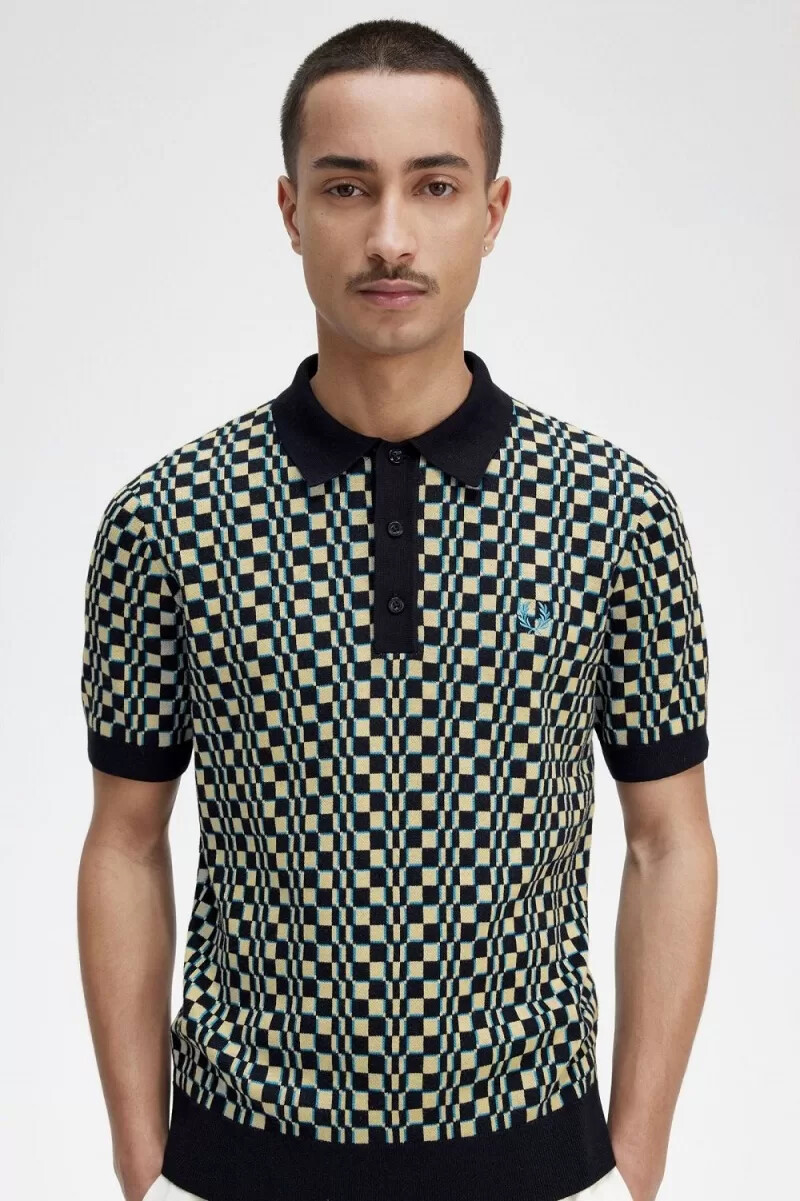 fred perry glitch chequerboard knitted mens shirt light mint black