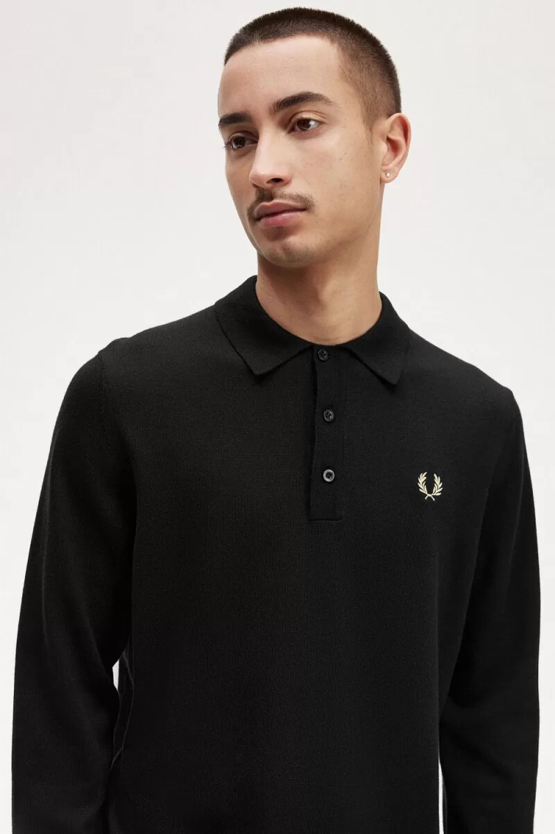 fred perry long sleeve knitted mens shirt black