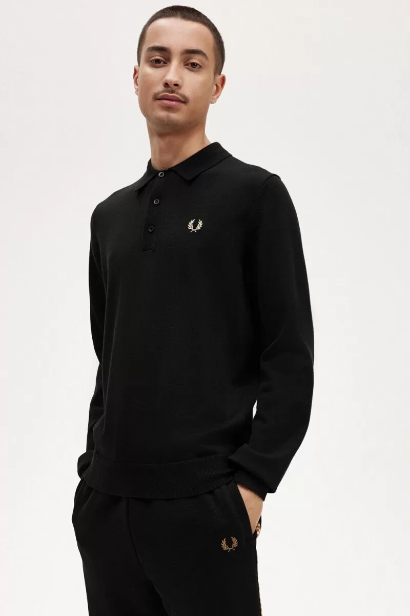fred perry long sleeve knitted mens shirt black