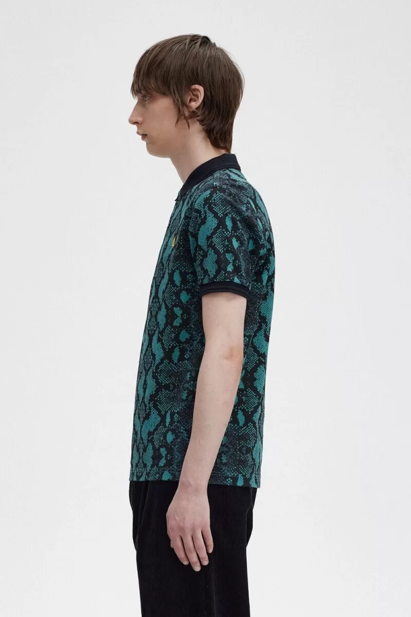 fred perry snake print mens shirt deep mint
